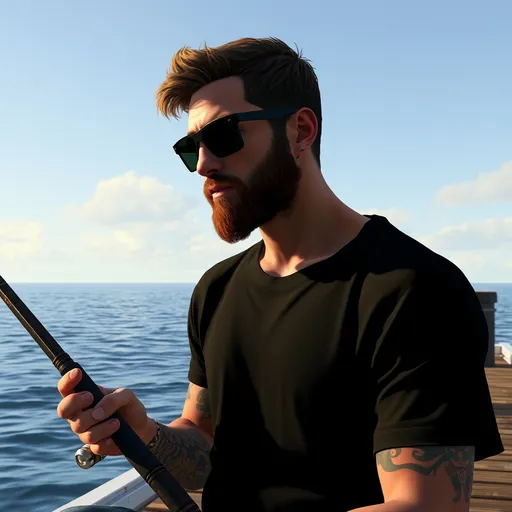 Prompt: A skinny guy with a short brown beard and brown hair in sunglasses, wearing a black t shirt and jeans, tattoos on arms, holding a fishing rod, on a dock, Dennis Flanders, les nabis, in gta v, concept art