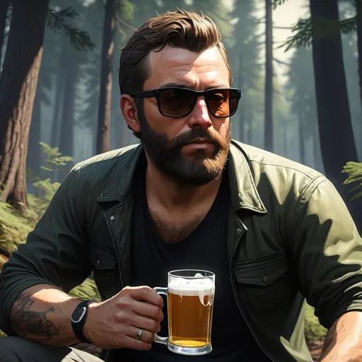 Prompt: a man with short brown hair, a beard and black sunglasses, drinking a beer , in a dark forest, Bedwyr Williams, sots art, in gta v, a character portrait