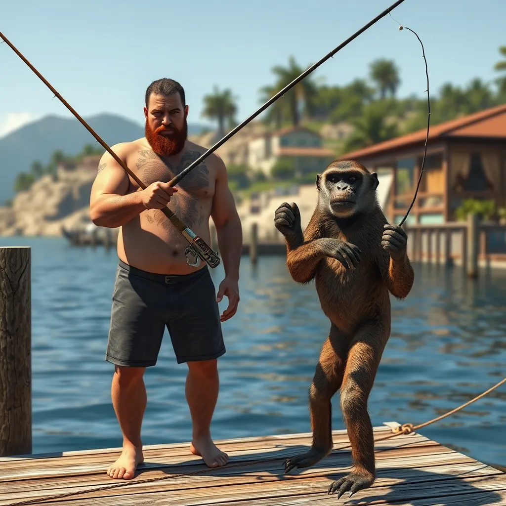 Prompt: a man with a brown beard and brown short hair in his boxers casting a fishing rod on a dock, with a monkey that has a fishing rod, Brian 'Chippy' Dugan, realism, in gta v, a screenshot