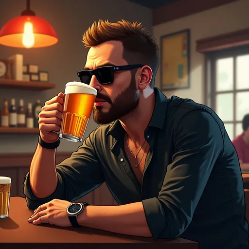 Prompt: a man with short brown hair, a beard and black sunglasses, drinking a beer , in a bar called the mojito inn, Bedwyr Williams, sots art, in gta v, a character portrait