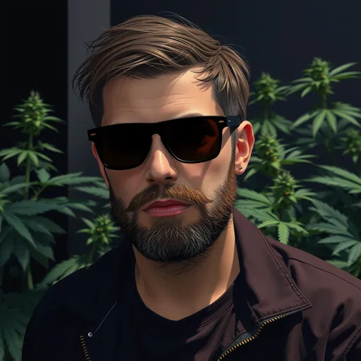 Prompt: a man with short brown hair, a short brown beard and black sunglasses, in a dark room, in front of weed plants, Bedwyr Williams, sots art, in gta v, a character portrait