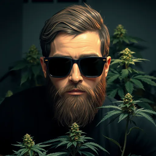 Prompt: a man with short brown hair, a short brown beard and black sunglasses, in a dark room, in front of weed plants, Bedwyr Williams, sots art, in gta v, a character portrait