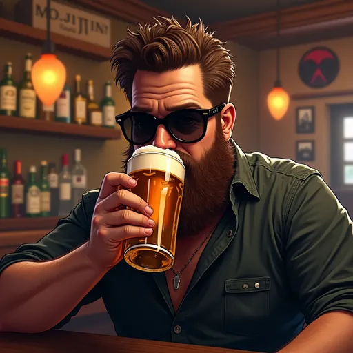 Prompt: a man with brown hair, a beard and black sunglasses, drinking a beer , in a bar called the mojito inn, Bedwyr Williams, sots art, in gta v, a character portrait