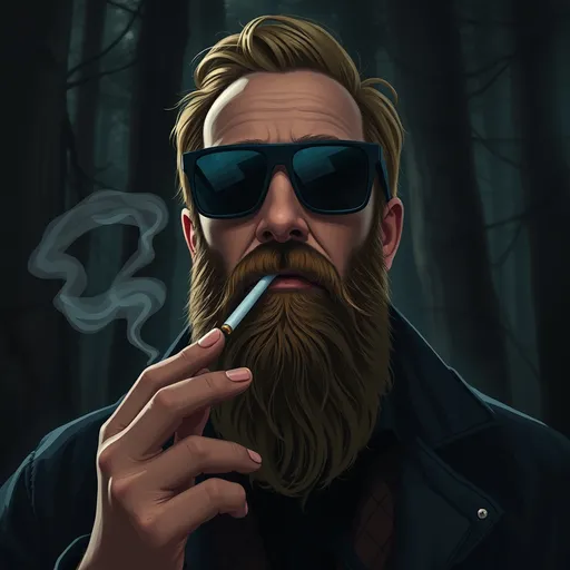 Prompt: a man with a medium length beard and black sunglasses, smoking a cigarette , in a dark forest, Bedwyr Williams, sots art, in gta v, a character portrait