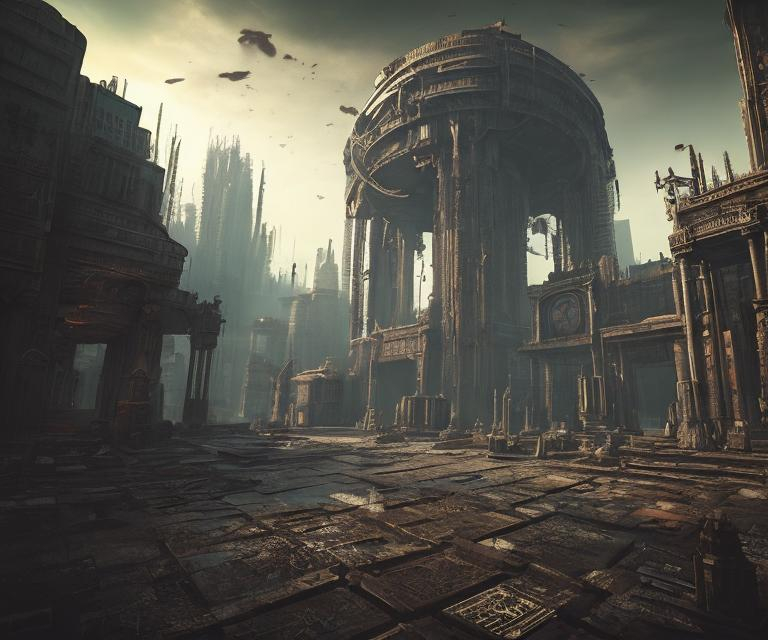 Prompt: cyberpunk, steampunk, gothic, temple, desolate 
