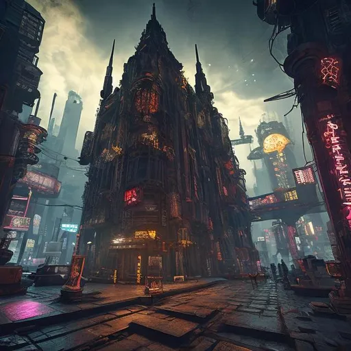 Prompt: cyberpunk, steampunk, gothic, temple