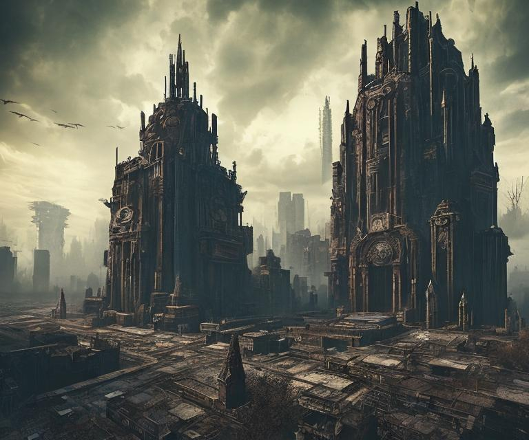 Prompt: cyberpunk, steampunk, gothic, temple, desolate 
