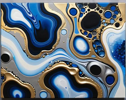 Prompt: A highly detailed textured fluid art painting in blue hues with gold and silver and black colors, with many open cells across the canvas

