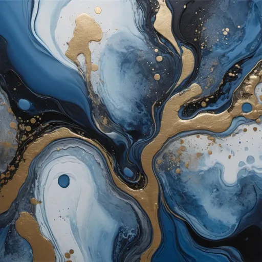 Prompt: A highly detailed textured fluid art painting in blue hues with gold and silver and black colors, with open cells 
