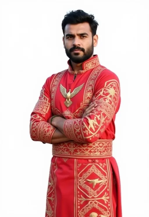 Prompt: Shadab Khan as a Persian cavalry commander, Islamabad United's red-gold armor with falcon motifs, dual-wielding a bat and shield, charging on a battlefield with shattered stumps, dramatic motion blur, 4k resolution.