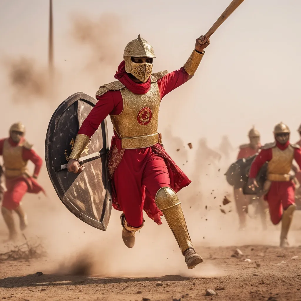 Prompt: Shadab Khan as a Persian cavalry commander, Islamabad United's red-gold armor with falcon motifs, dual-wielding a bat and shield, charging on a battlefield with shattered stumps, dramatic motion blur, 4k resolution