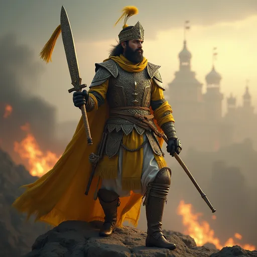 Prompt: Babar Azam as a Pashtun warrior king, tribal armor with Zalmi's yellow-black theme, holding a cricket bat shaped like a curved *tulwar* sword, standing on a mountain fortress with smoke and fire, ultra-realistic, cinematic lighting, 8k.