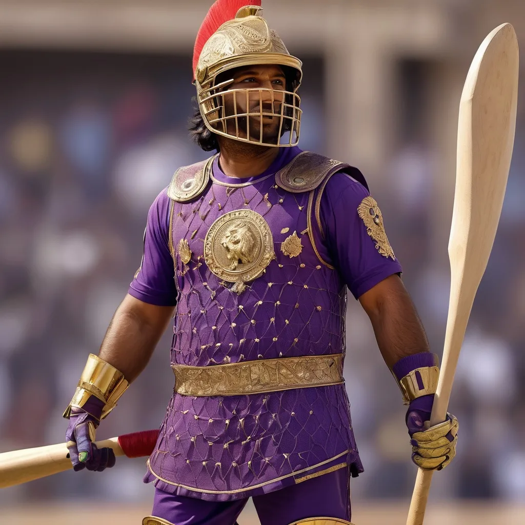 Prompt: Sarfaraz Ahmed as a Roman gladiator, Quetta's purple-gold armor with lion helmet, holding a net and spiked cricket bat, Colosseum-style stadium crowd roaring, hyper-detailed textures.