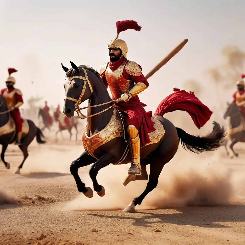 Prompt: Shadab Khan as a Persian cavalry commander, Islamabad United's red-gold armor with falcon motifs, dual-wielding a bat and shield, charging on a battlefield with shattered stumps, dramatic motion blur, 4k resolution