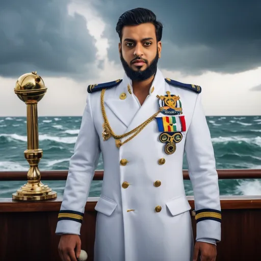 Prompt: Imad Wasim as a naval admiral-pirate hybrid, Karachi Kings' blue-white coat with anchor insignia, standing on a ship deck with a cricket ball cannon, stormy sea backdrop, cinematic atmosphere.