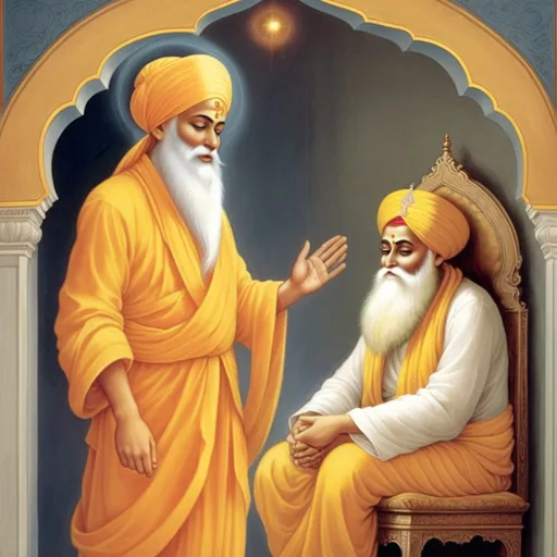 Prompt: rappresenta il demone, stupito e pentito, inginocchiato ai piedi del Guru Nanak, che lo guarda con compassione