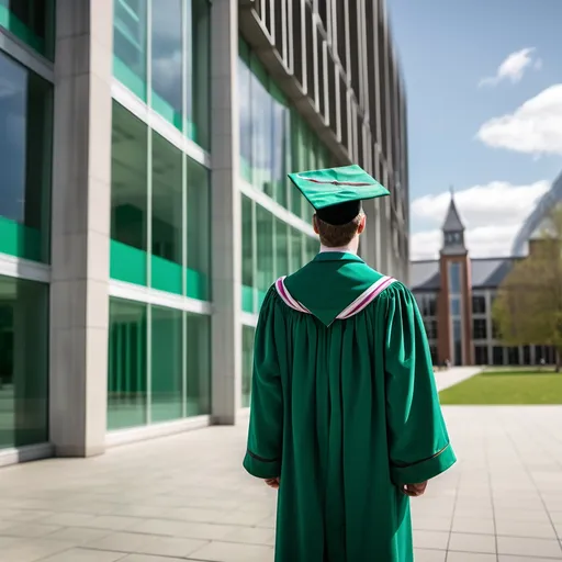 Prompt: A man PhD graduate with PhD robe and PhD hat withthree emerald white lining robe is facing backwards, looking at the glass university building. The whole building can be seen