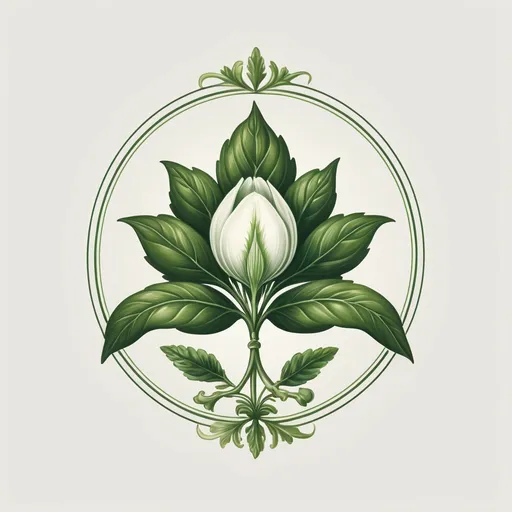 Prompt: a white flower with green leaves in a circle logo design for a botanical business, botanical botanical, botanical, botanical, botanical, botanical, Earnst Haeckel, rococo, logo, an ultrafine detailed painting