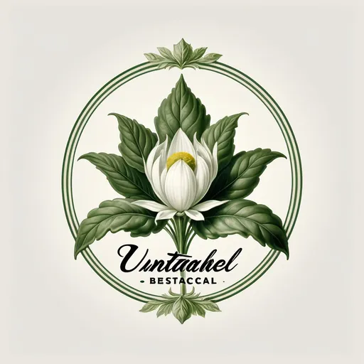 Prompt: a large white flower with green leaves in a circle logo design for a botanical business, "Untamed Botanical", Earnst Haeckel, rococo, logo, an ultrafine detailed painting