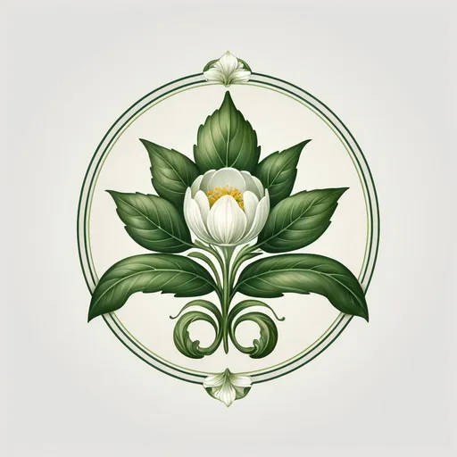 Prompt: a white flower with green leaves in a circle logo design for a botanical business, botanical botanical, botanical, botanical, botanical, botanical, Earnst Haeckel, rococo, logo, an ultrafine detailed painting