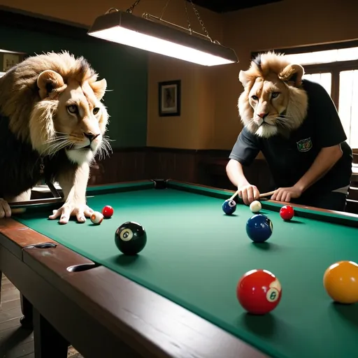 Prompt: four  lions plating  billiards