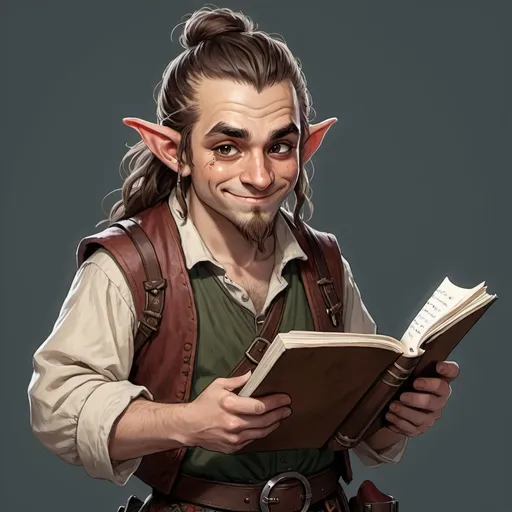 Prompt: A halfling bard from dnd 5E who is a comedian instead of a musician. He has a mic and a little speaker attached to his waist. He also has long hair in a man bun and is darker-toned. He has a scar across his face and devilish eyes. He is also holding a journal named "joke Journal.)