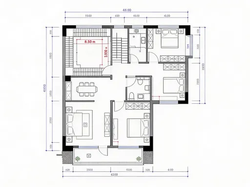 Prompt: A detailed CAD drawing of a residential floor plan.