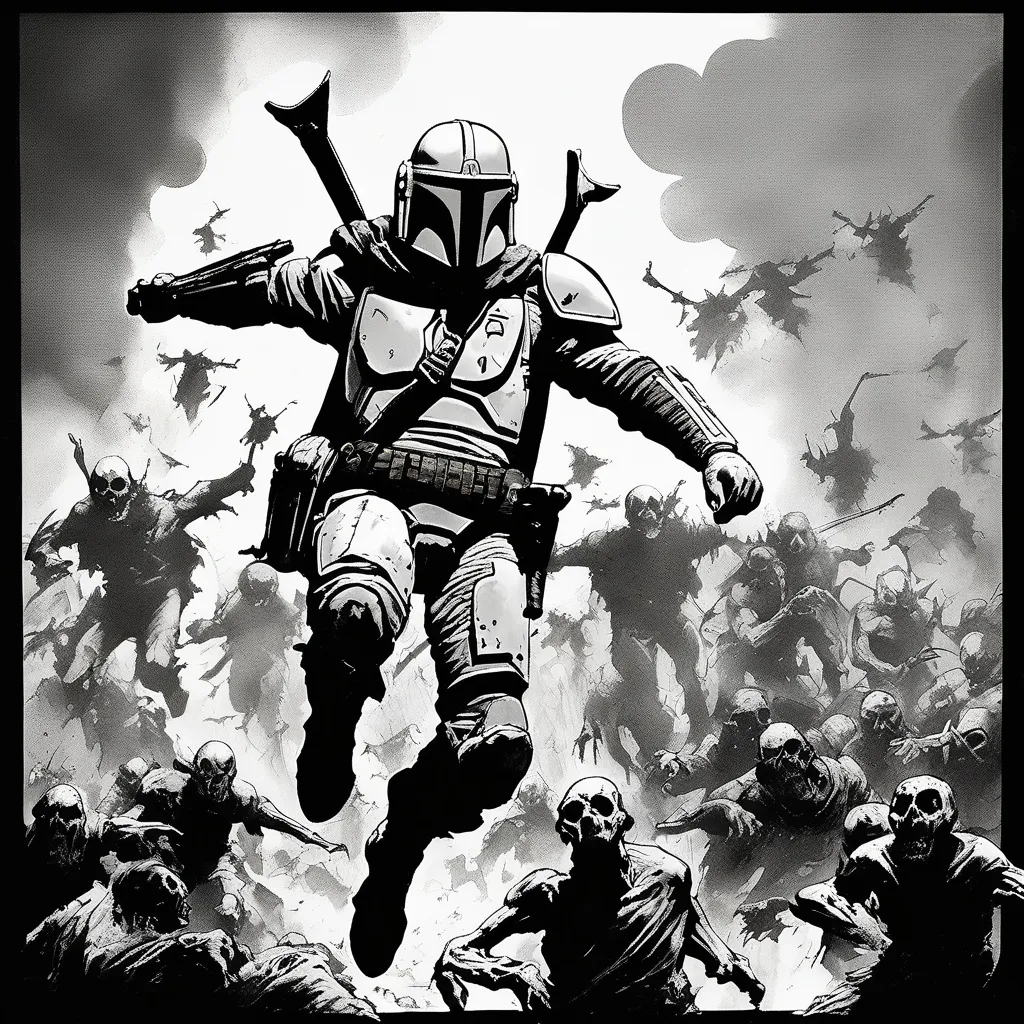 Prompt: B&W frazetta art,Create a dark, cinematic action scene featuring a Mandalorian-style character flying above a horde of zombies in a fiery, post-apocalyptic wasteland. The hero is mid-air, propelled by a jetpack, firing a glowing laser pistol with dynamic energy blasts cutting through the smoke-filled chaos. The scene should focus intensely on the Mandalorian, with the camera centered on them in a heroic, dramatic angle, emphasizing their iconic armor with weathered textures, scratches, and battle scars reflecting the gritty environment.

Surround the character with terrifying zombies below, illuminated by the fiery glow of burning structures and scattered embers in the air. The atmosphere should be thick with smoke, ash, and an ominous red-orange hue from the flames. Add cinematic lighting that highlights the shine of the armor, the glow of the laser pistol, and the eerie shadows of the zombies reaching upward.

The overall mood should be intense and apocalyptic, with the Mandalorian exuding an unstoppable presence as the central figure in this chaotic battle. Focus on rich detail, from the armor and jetpack to the decayed appearance of the zombies and the smoldering environment.