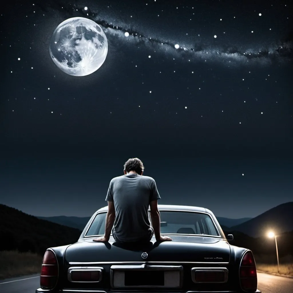 Prompt: Tired  depressed Mid 40s man sitting on car hood looking at the dark moonless starry night while legs are hanging off the car hoo with image taken from back left side of the person. 