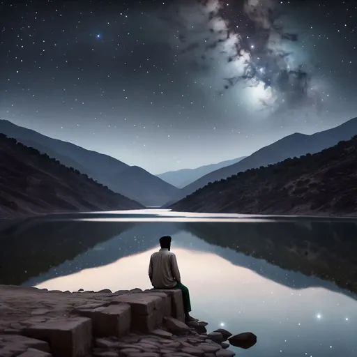 Prompt: Sad Pakistani man looking over a reservoir on a starry moonless night