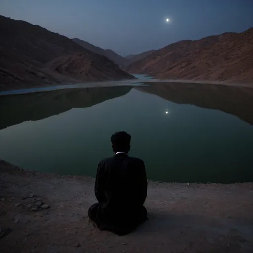 Prompt: Sad Pakistani man looking over a reservoir on a moonless night