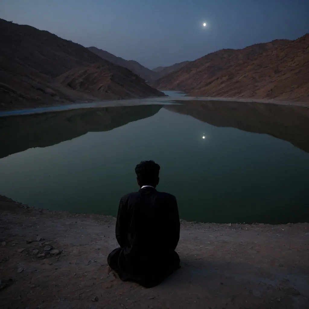 Prompt: Sad Pakistani man looking over a reservoir on a moonless night