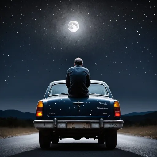 Prompt: Tired  depressed Mid 40s man sitting on car hood looking at the dark moonless starry night while legs are hanging off the car hoo with image taken from back left side of the person. 