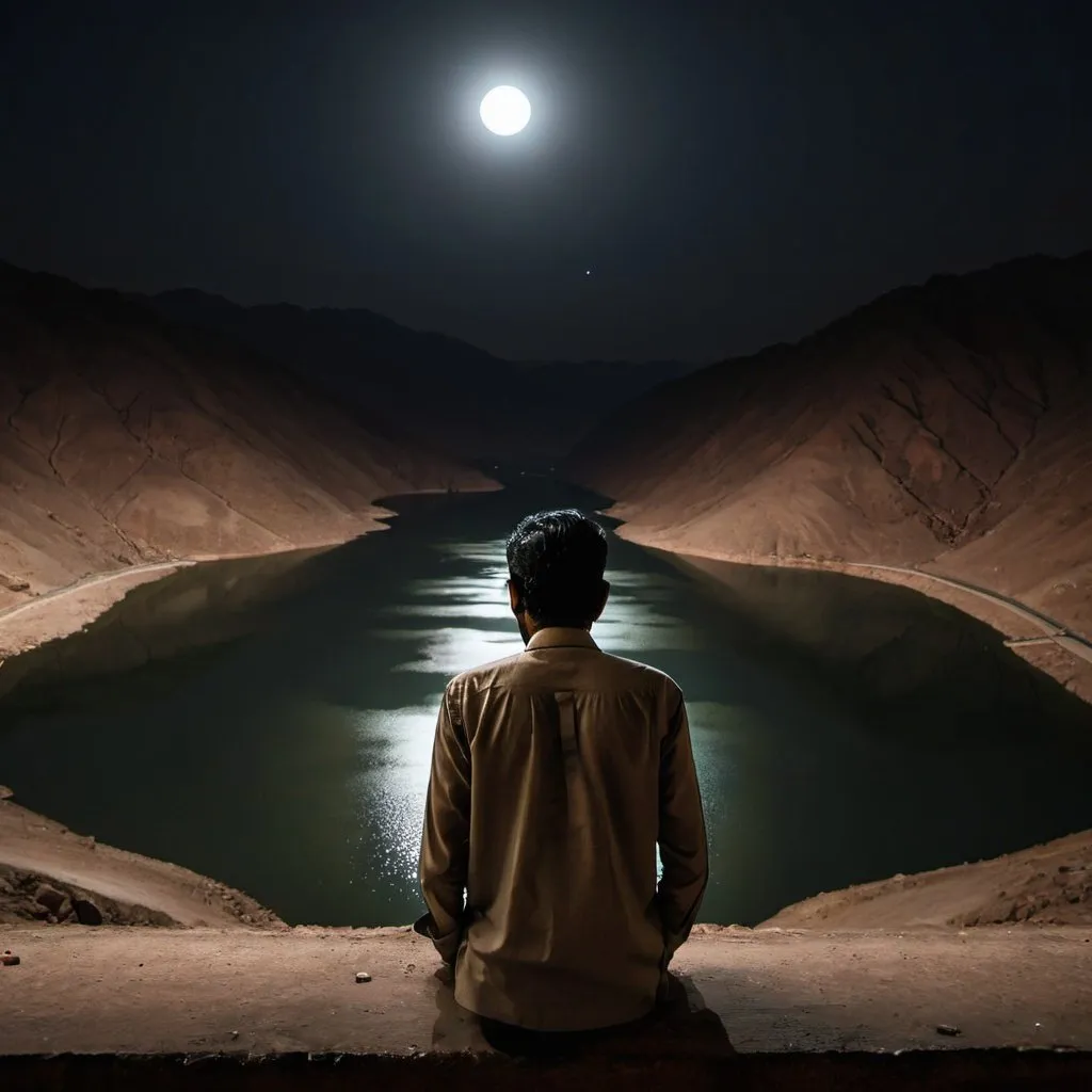 Prompt: Sad Pakistani man looking over a reservoir on a moonless night