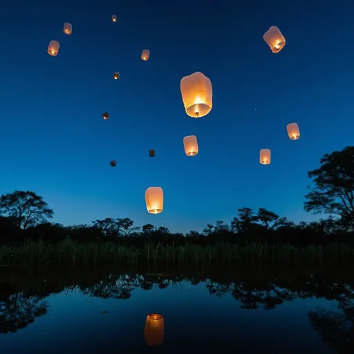 Prompt: Calming blue sky lanterns ascending above a pond 