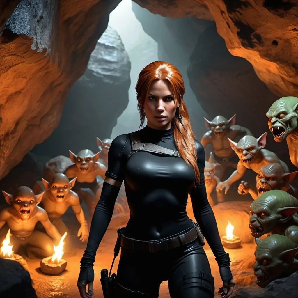 Prompt: Lara Croft with long orange hair, wearing black catsuit, surrounded by goblins in a cave, photorealism, HD, 4k, high detail, action-adventure, intense lighting, realistic textures, intricate rock formations, dynamic composition, lifelike characters, atmospheric shadows, cave environment, fantasy, highly detailed accessories, realistic facial expressions, orange hues, dramatic lighting