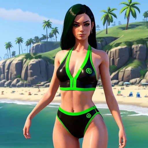 Prompt: Shego in a black two piece swimsuit with green trim, model-like pose, beach setting in the middle of the day, GTA style, video game graphics, 4k, HD, high detail, vibrant beach scenery, detailed character model, realistic water, professional lighting, game graphic quality, model posing, beach atmosphere