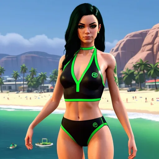 Prompt: Shego in a black two piece swimsuit with green trim, model-like pose, beach setting in the middle of the day, GTA style, video game graphics, 4k, HD, high detail, vibrant beach scenery, detailed character model, realistic water, professional lighting, game graphic quality, model posing, beach atmosphere