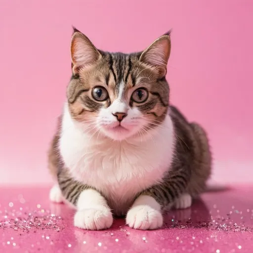 Prompt: a cute adorable cat on a pink surface with sparkles everywhere