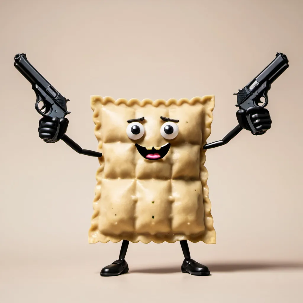 Prompt: Ravioli with arms. Holding hand guns 