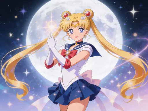 Prompt: A magical transformation of Sailor Moon in a sparkling lunar backdrop.