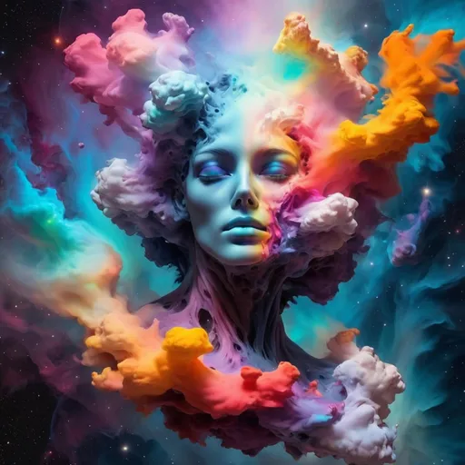 Prompt: una cabeza de astronauta muerto distorsionada por colores psicodélicos rodeada de nebulosas.