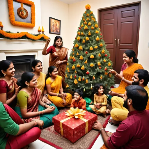 Prompt: Generate an image for Christmas Day celebrations in India. The scene should depict an Indian family celebrating Christmas, with a beautifully decorated Christmas tree adorned with Indian-style decorations like marigold flowers or traditional ornaments. The family members can be wearing a mix of festive attire, including sarees and kurtas, while exchanging gifts and enjoying a joyful moment. The setting could be a cozy Indian living room with fairy lights and candles adding warmth to the atmosphere. Ensure the mood is cheerful, encouraging, and filled with the spirit of love, joy, and togetherness.