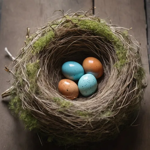 Prompt: Spring tranquility, nest with three unusually colored robin's eggs, soft mossy surface, eye-level shot; 35% negative space, SOFT light, small feather, editorial content, high commercial value, shutterstock, no brand, clean and simple, no extra objects, minimal styling, neutral flat surface, no props, sample negative space, room for text, rule of thirds composition, shallow depth of field (f/2.8 look), background softly, no extra objects, soft glow