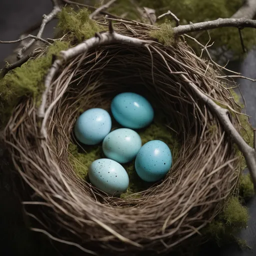 Prompt: Spring tranquility, nest with three unusually colored robin's eggs, soft mossy surface, eye-level shot; 35% negative space, SOFT light, small feather, editorial content, high commercial value, shutterstock, no brand, clean and simple, no extra objects, minimal styling, neutral flat surface, no props, sample negative space, room for text, rule of thirds composition, shallow depth of field (f/2.8 look), background softly, no extra objects, soft glow