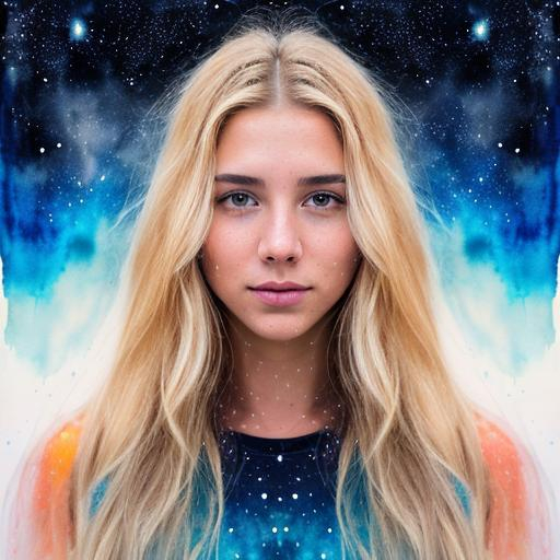 Prompt: "long Blonde haired human face+Space+galaxy, double exposure splash art, watercolour and pen, Layered Inside, double exposure, merged Painterly styles by Photoshop, transparency layers bleeding through, face side on, intricate artwork"