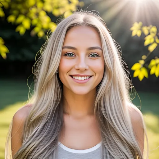 Prompt: A cute woman with long, flowing blonde hair, grey eyes, glossy lips - her expression is one of joyful contentment as she gazes warmly into the camera, sun is shining, happy