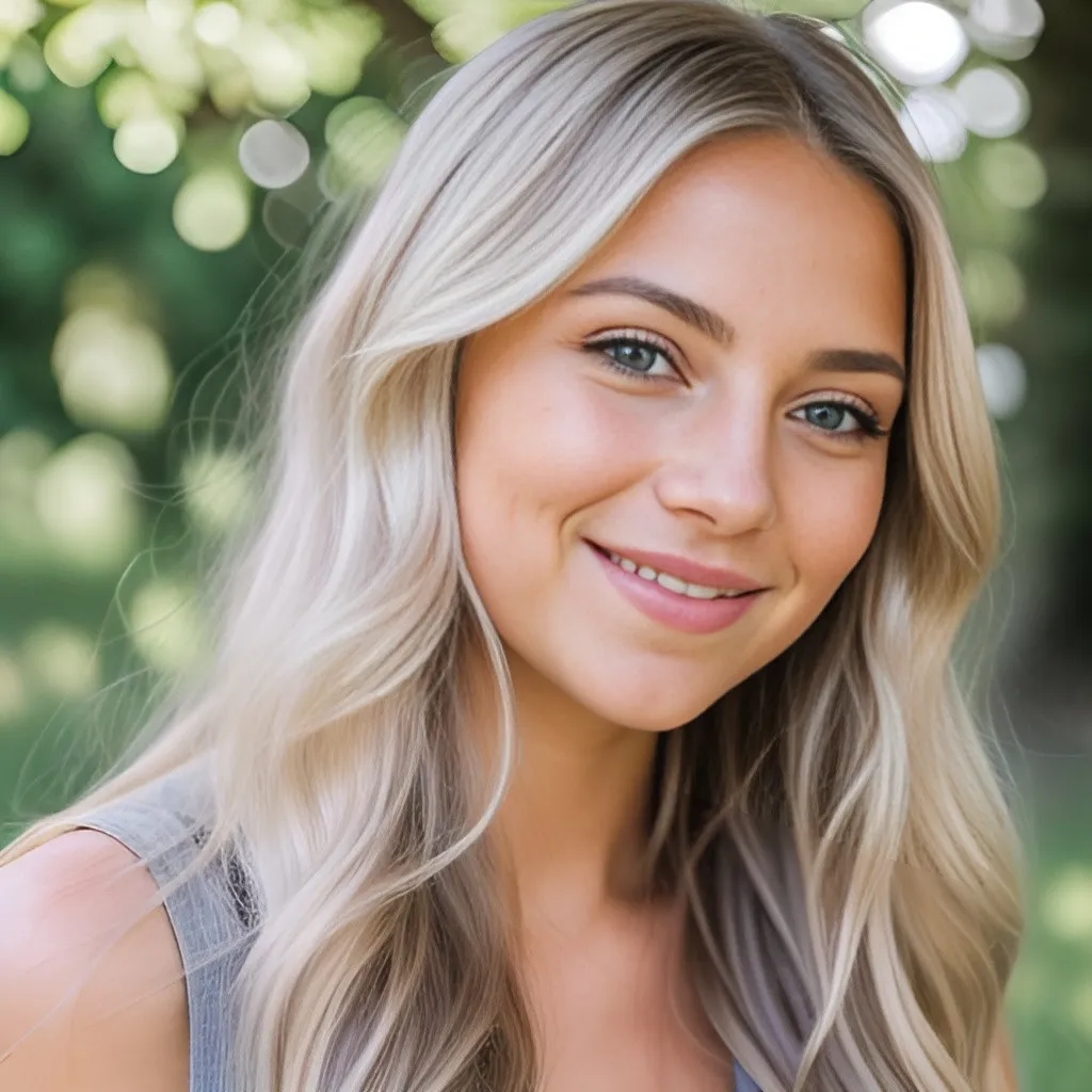 Prompt: A cute woman with long, flowing blonde hair, grey eyes, glossy lips - her expression is one of joyful contentment as she gazes warmly into the camera, sun is shining, happy