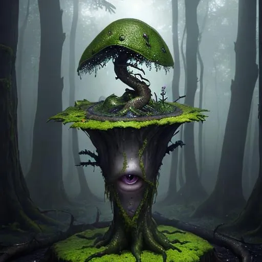 Prompt: "One eye slime creature with trees growing out from skin. Moss, fog, and glitter"
