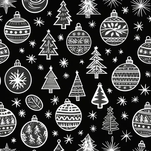 Prompt: Desing linocut  repating pattern; black and white  with Christmas theme.